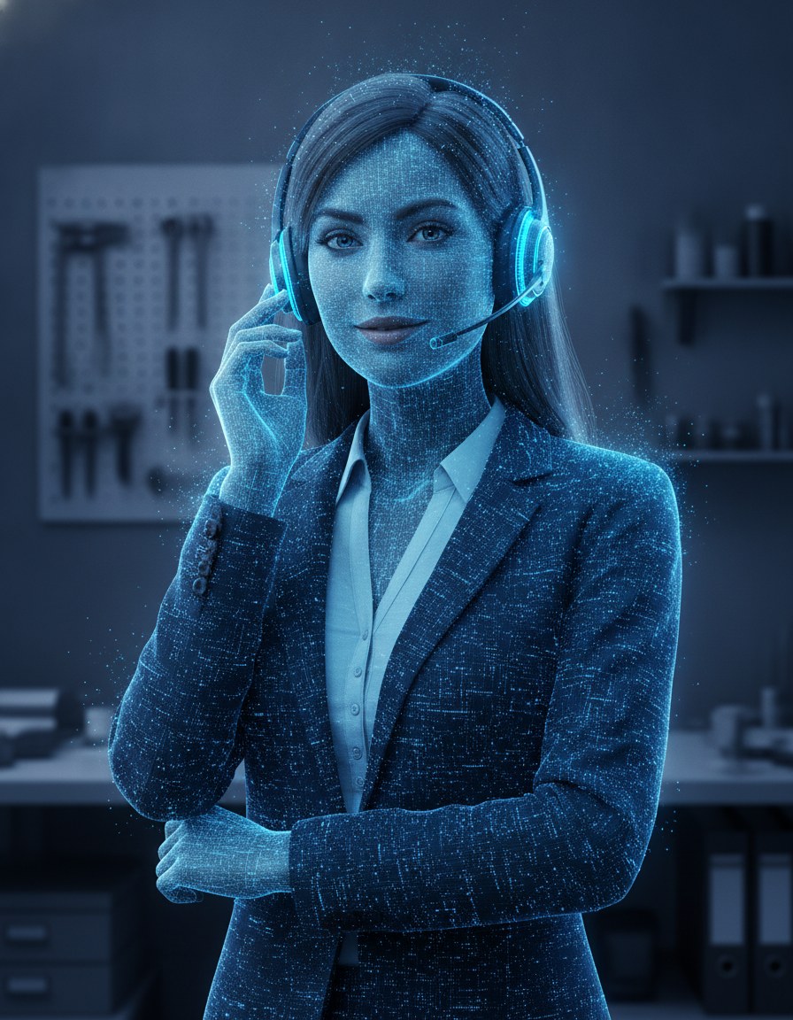 Greta — KI-Nachfass-Agentin aus blauen Datenströmen mit Headset im Büro eines Handwerksbetriebs